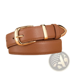 Tan textured leather belt with gold-toned buckle and matching metal tip in contrast to black PU leather belt gold buckle