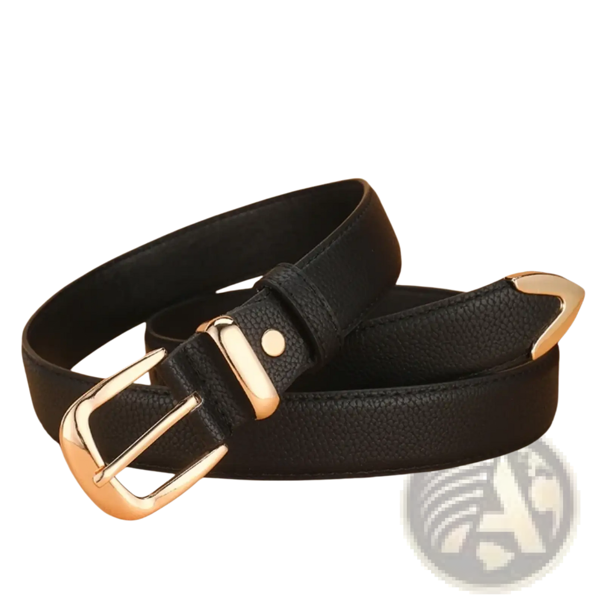 Black pu leather belt featuring textured design with gold-toned buckle and matching metal tip