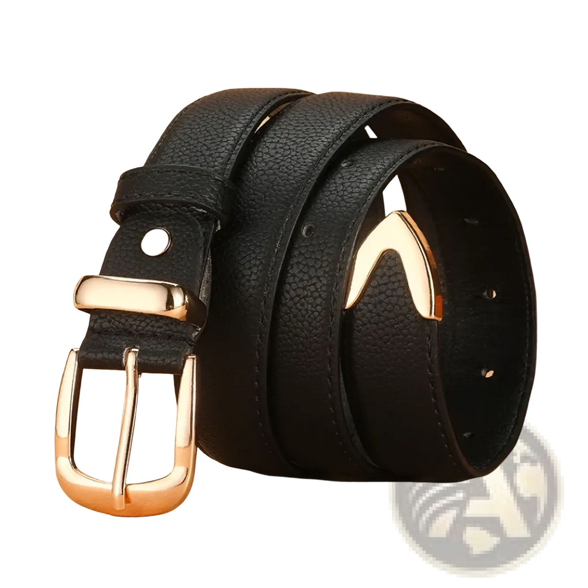 Black pu leather belt with gold-tone buckle and matching metal accent for stylish and elegant wear