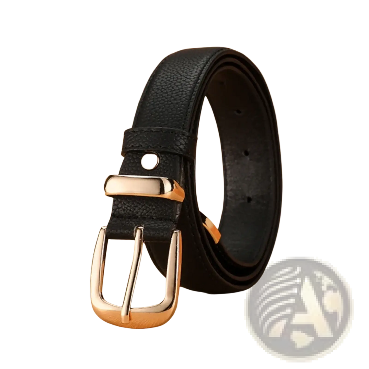 Black pu leather belt with gold-toned buckle and matching prong showcasing elegant design and durable material