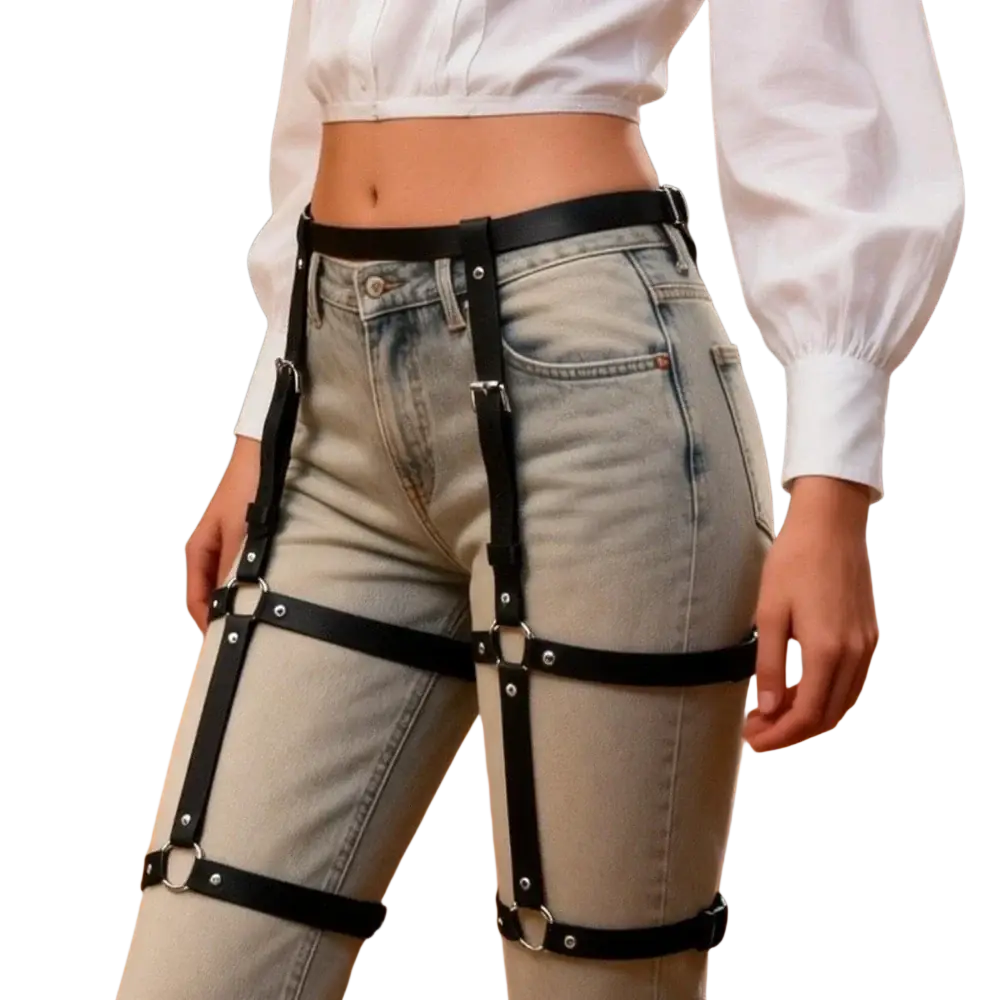 Black pu leather chest harness corset belt with metal hardware worn over light-wash jeans front view