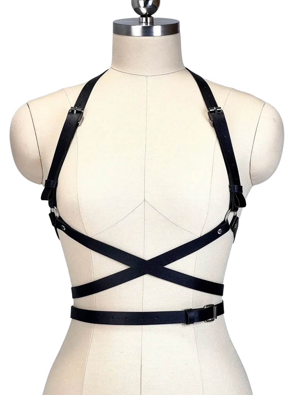 Black pu leather chest harness corset belt with adjustable straps and metal buckles for a secure fit