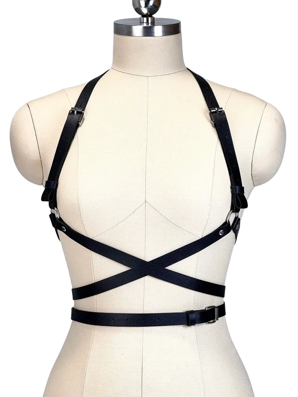 Black pu leather chest harness corset belt with adjustable straps and metal buckles for a secure fit