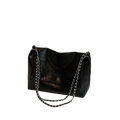 Black pu leather shoulder bag with chain strap featuring glossy finish and silver chain strap for stylish shoulder bags