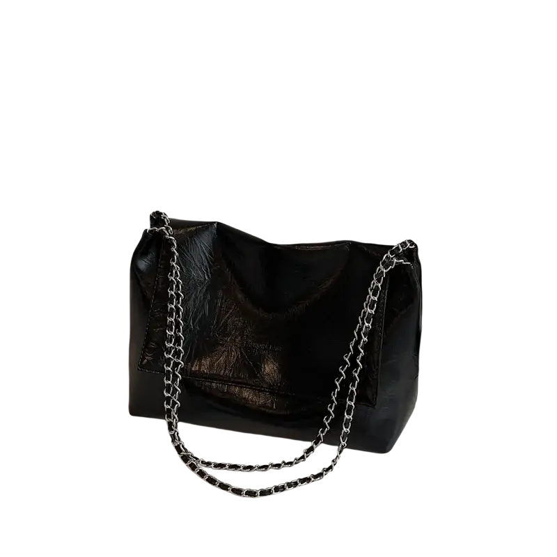 Black pu leather shoulder bag with chain strap featuring glossy finish and silver chain strap for stylish shoulder bags