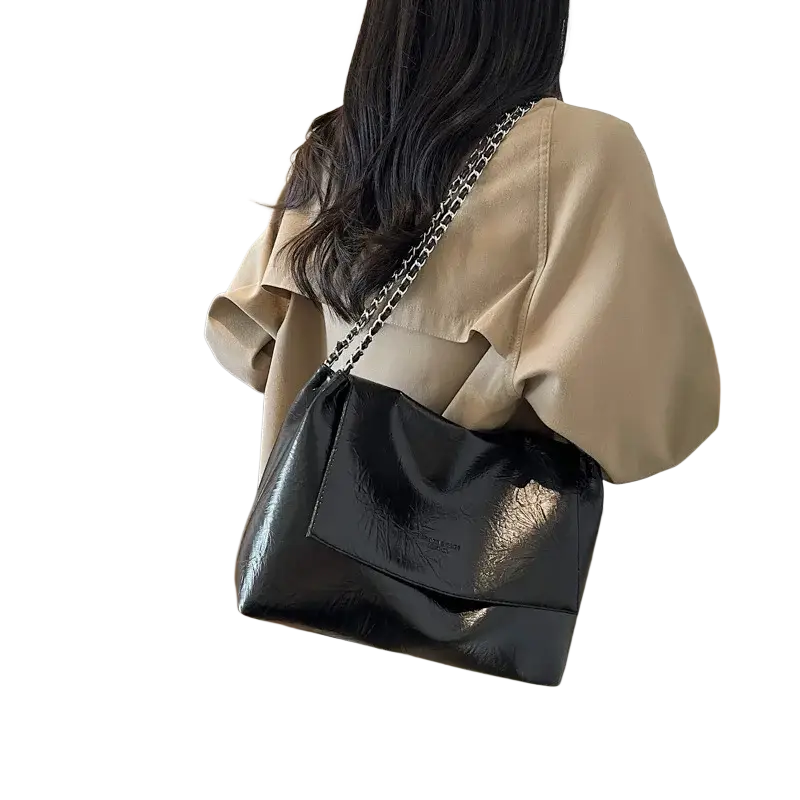 Black glossy pu leather shoulder bag with chain strap large capacity ideal for stylish shoulder bags collection
