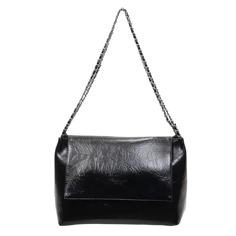 Black pu leather shoulder bag with glossy finish and silver chain strap, designed for stylish shoulder bags use