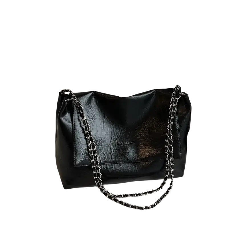 Black pu leather shoulder bag with large capacity featuring a black glossy finish and silver chain strap for shoulder bags use