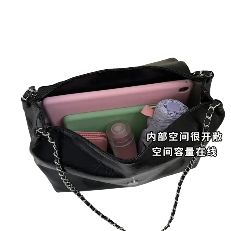 Black pu leather shoulder bag with silver chain strap and front clasp large capacity shoulder bags