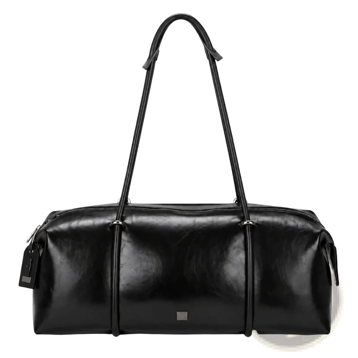 Black pu leather travel duffel bag with dual top handles and a sleek minimalist design for gym or travel use