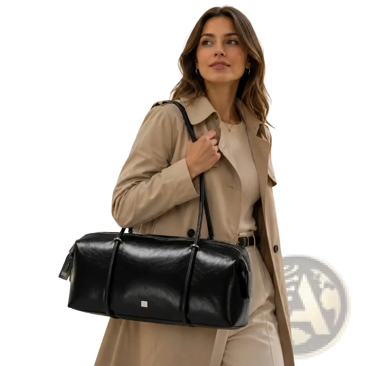 Black pu leather travel duffel bag with dual top handles and a small rectangular logo tag for gym or travel use