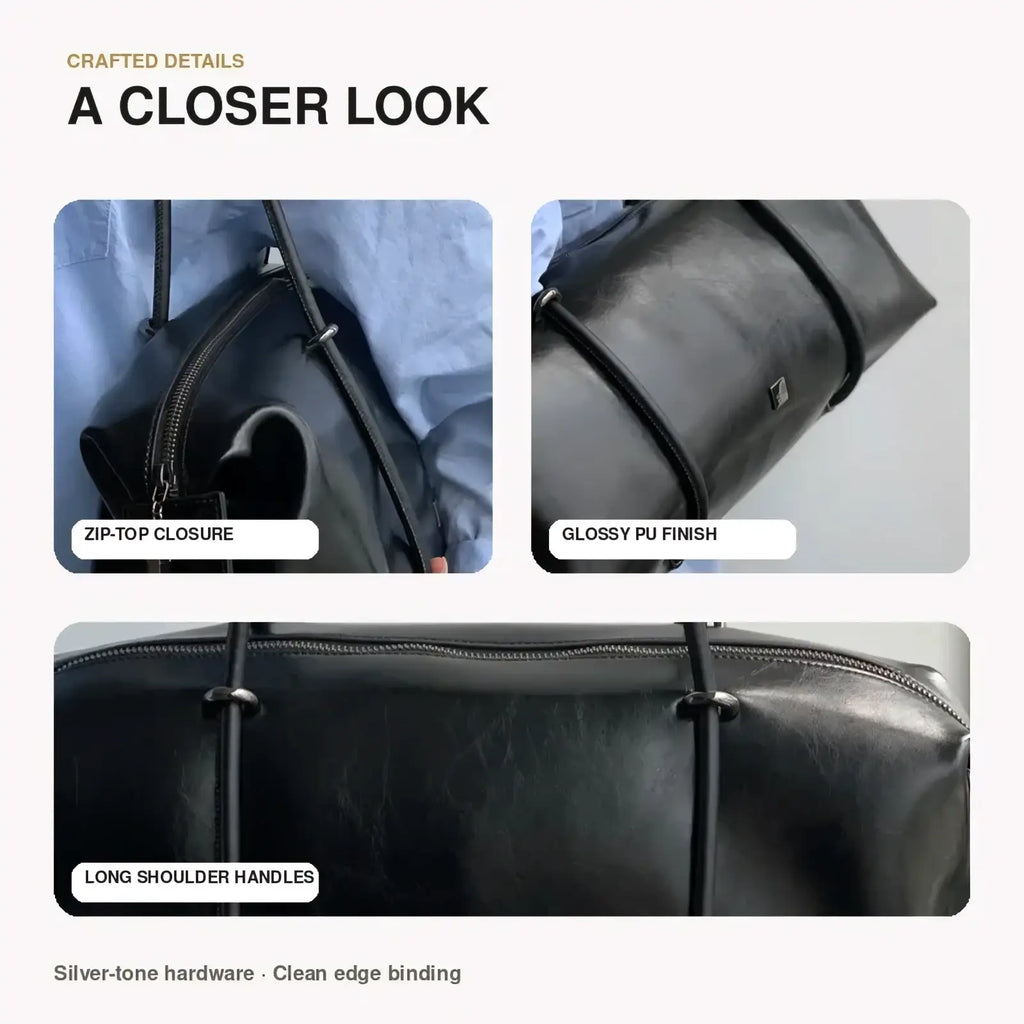 Black pu leather travel duffel bag gym tote with glossy finish silver-tone hardware and long handles