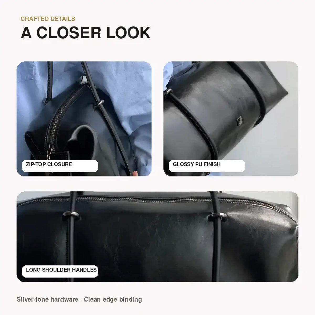 Black pu leather travel duffel bag gym tote with glossy finish silver-tone hardware and long handles
