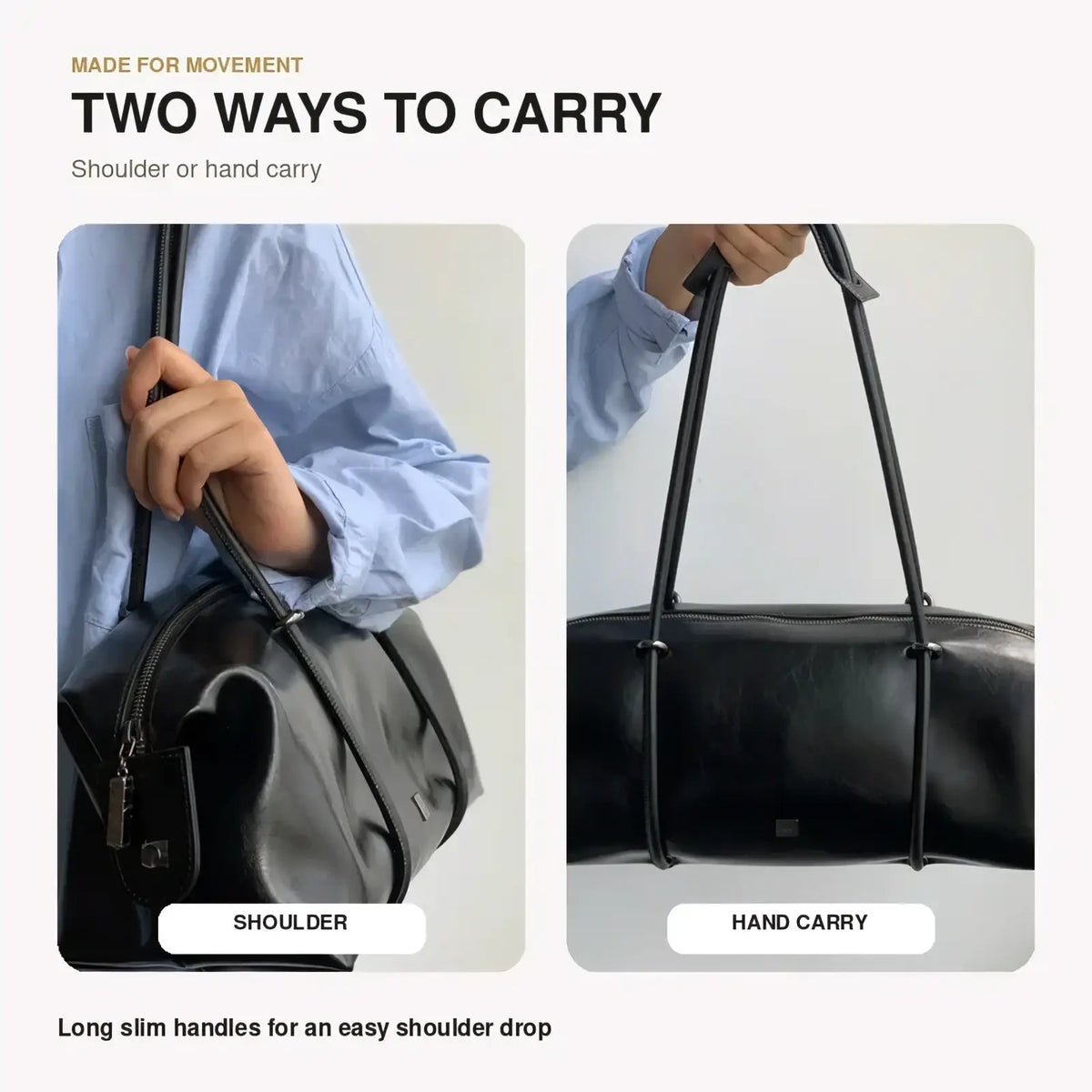 Black pu leather travel duffel bag with long slim handles for shoulder or hand carry in black leather