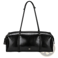 Black pu leather travel duffel bag with a sleek glossy finish and sturdy handles for gym or travel use