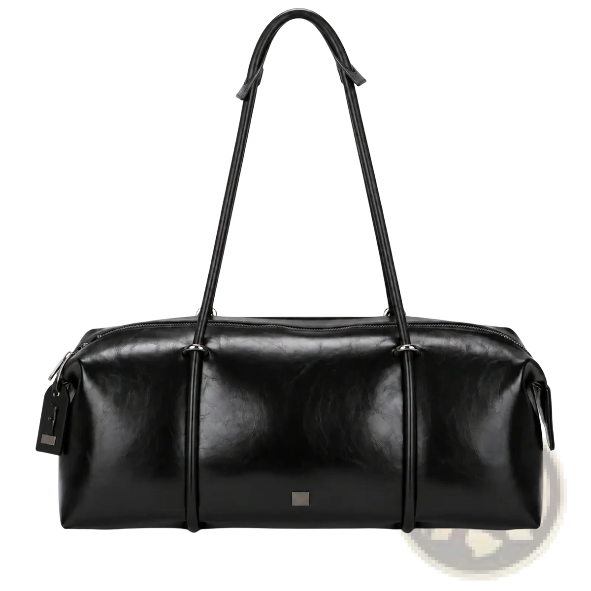 Black pu leather travel duffel bag with a sleek glossy finish and sturdy handles for gym or travel use
