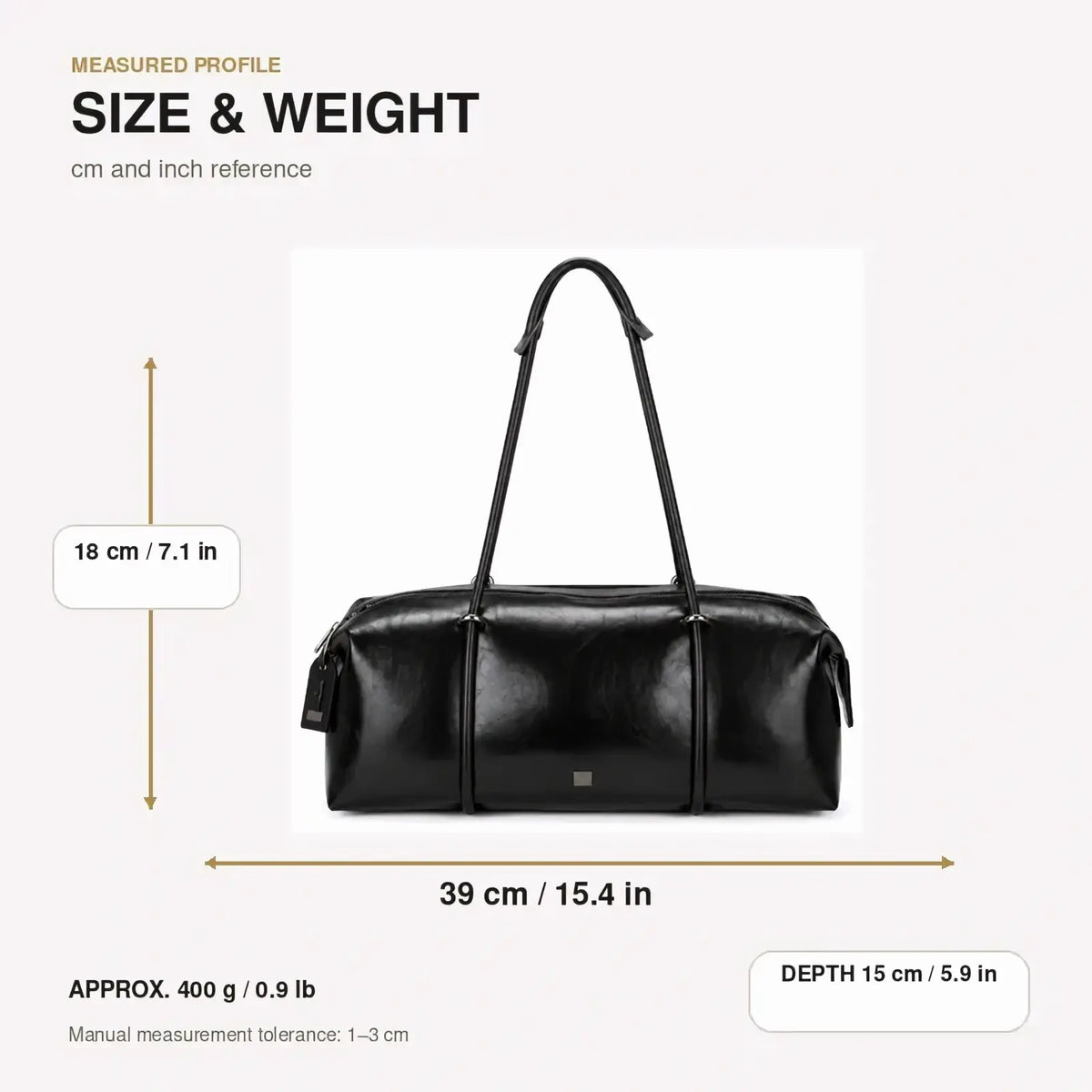 Black pu leather travel duffel bag gym tote with two top handles and a sleek minimalist design