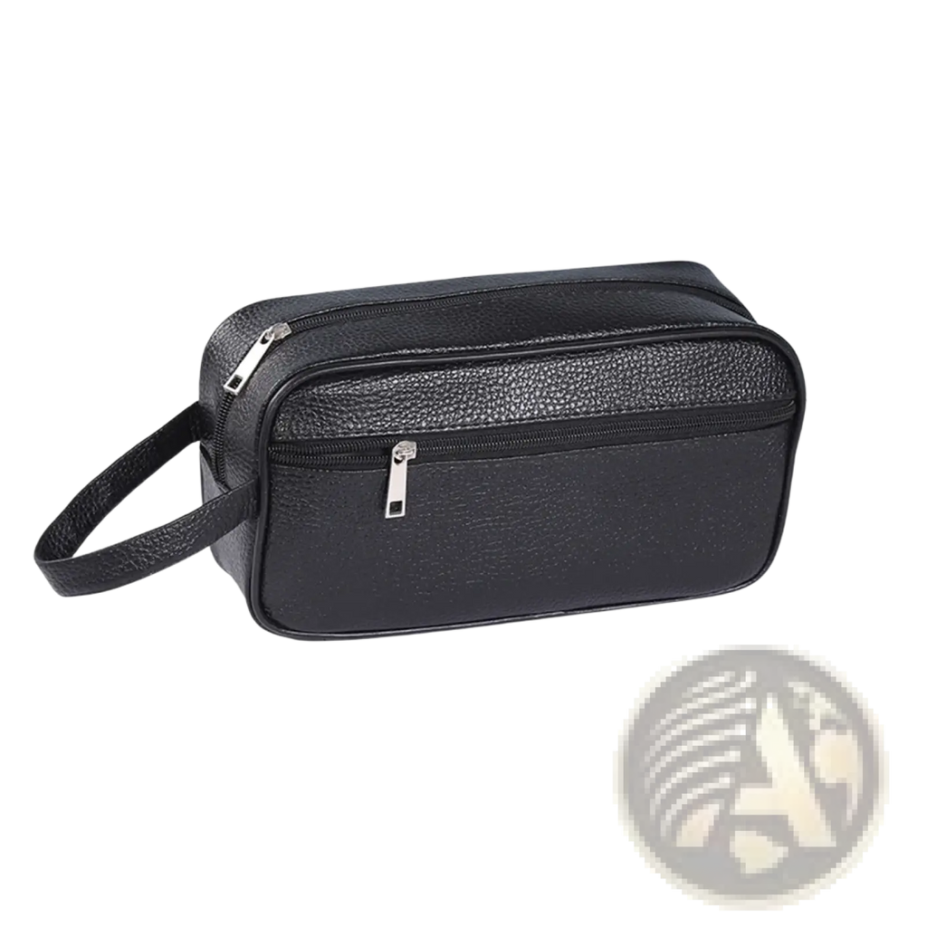 Black pu leather travel toiletry bag with textured finish silver zippers and short handle for easy carrying