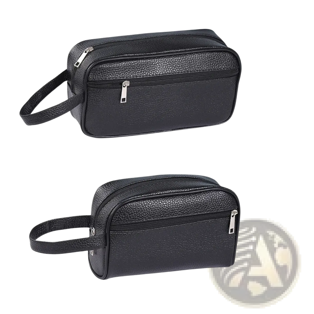 Black pu leather travel toiletry bag with textured surface silver zippers and short handle for easy carrying