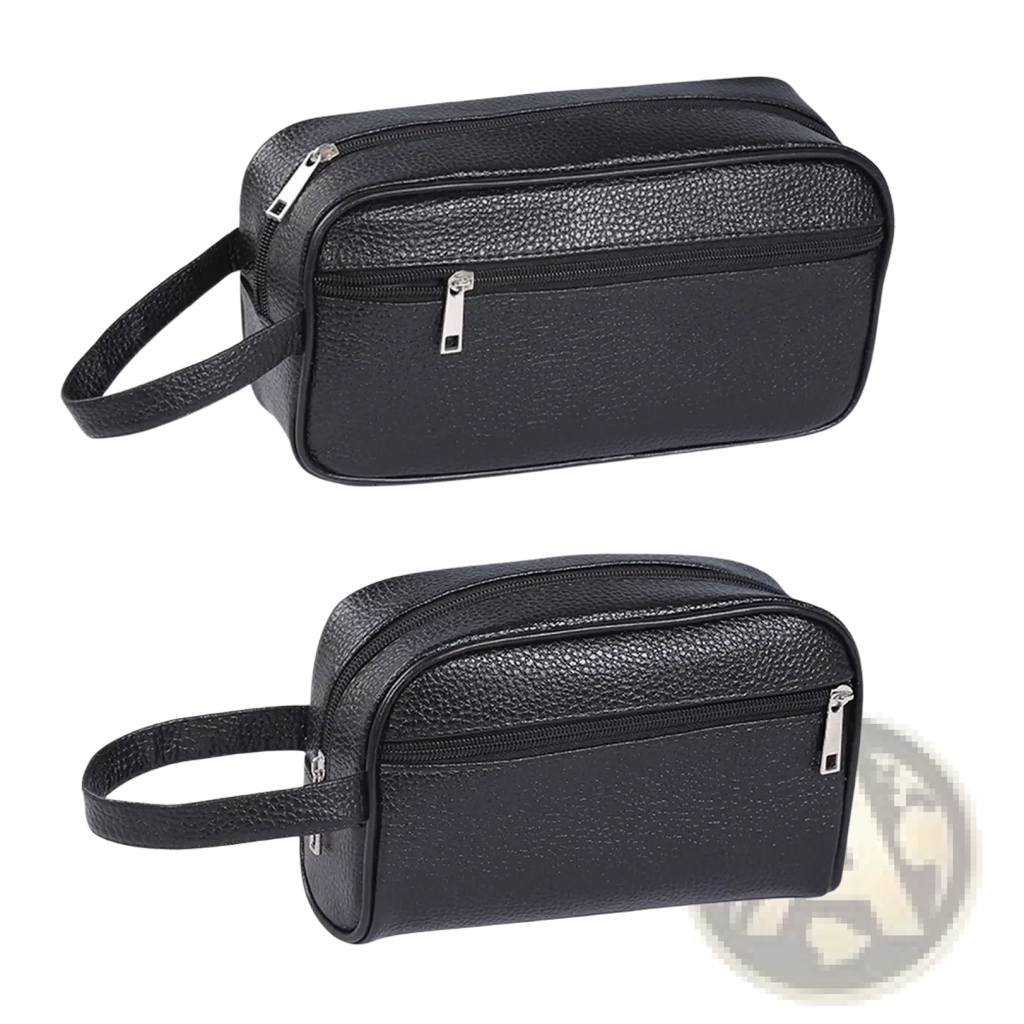 Black pu leather travel toiletry bag with textured surface silver zippers and short handle for easy carrying