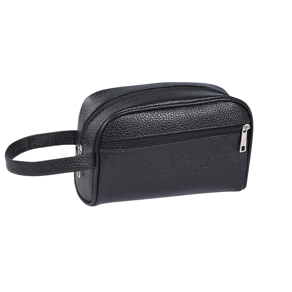 Black pu leather travel toiletry bag with textured finish dual zippers and short handle for easy carrying
