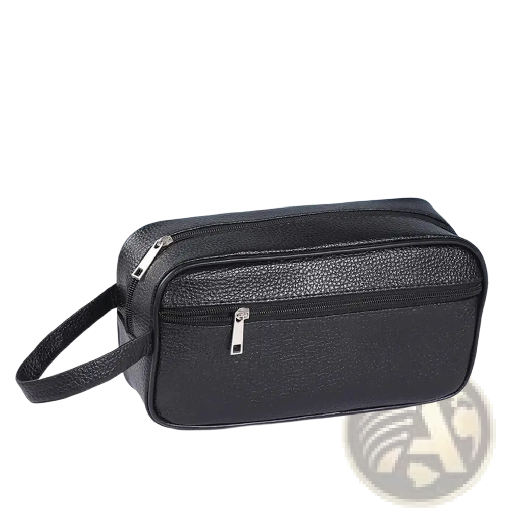 Black pu leather travel toiletry bag with textured surface silver zippers and matching handle for travel use