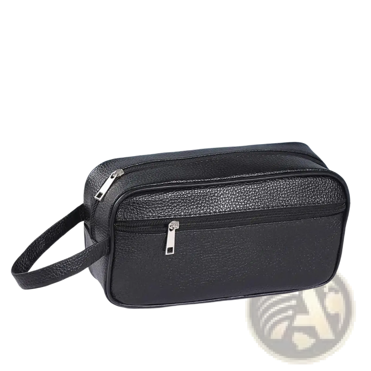 Black pu leather travel toiletry bag with textured surface silver zippers and matching handle for travel use