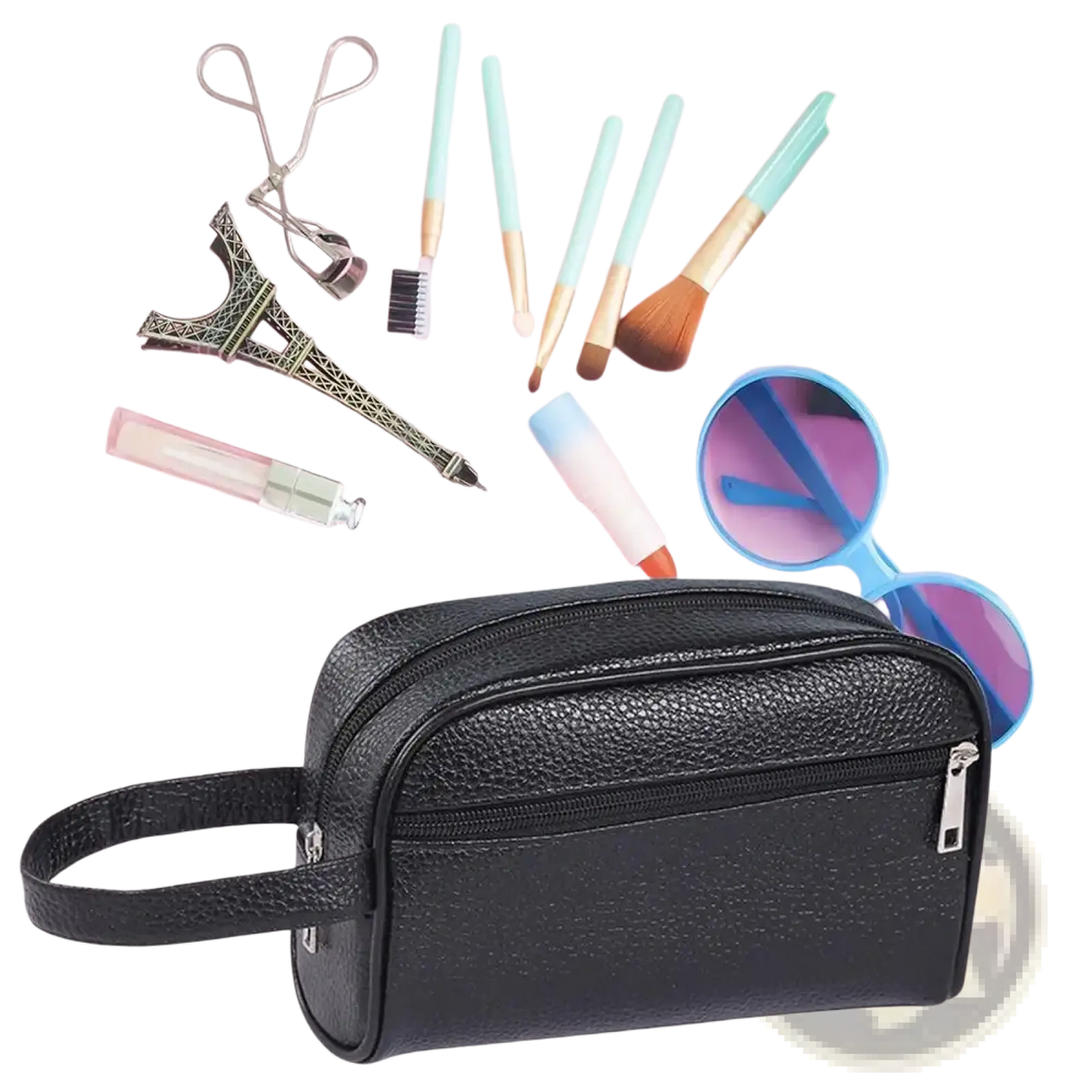 Black pu leather travel toiletry bag with textured finish, top handle, and dual zippers for secure storage