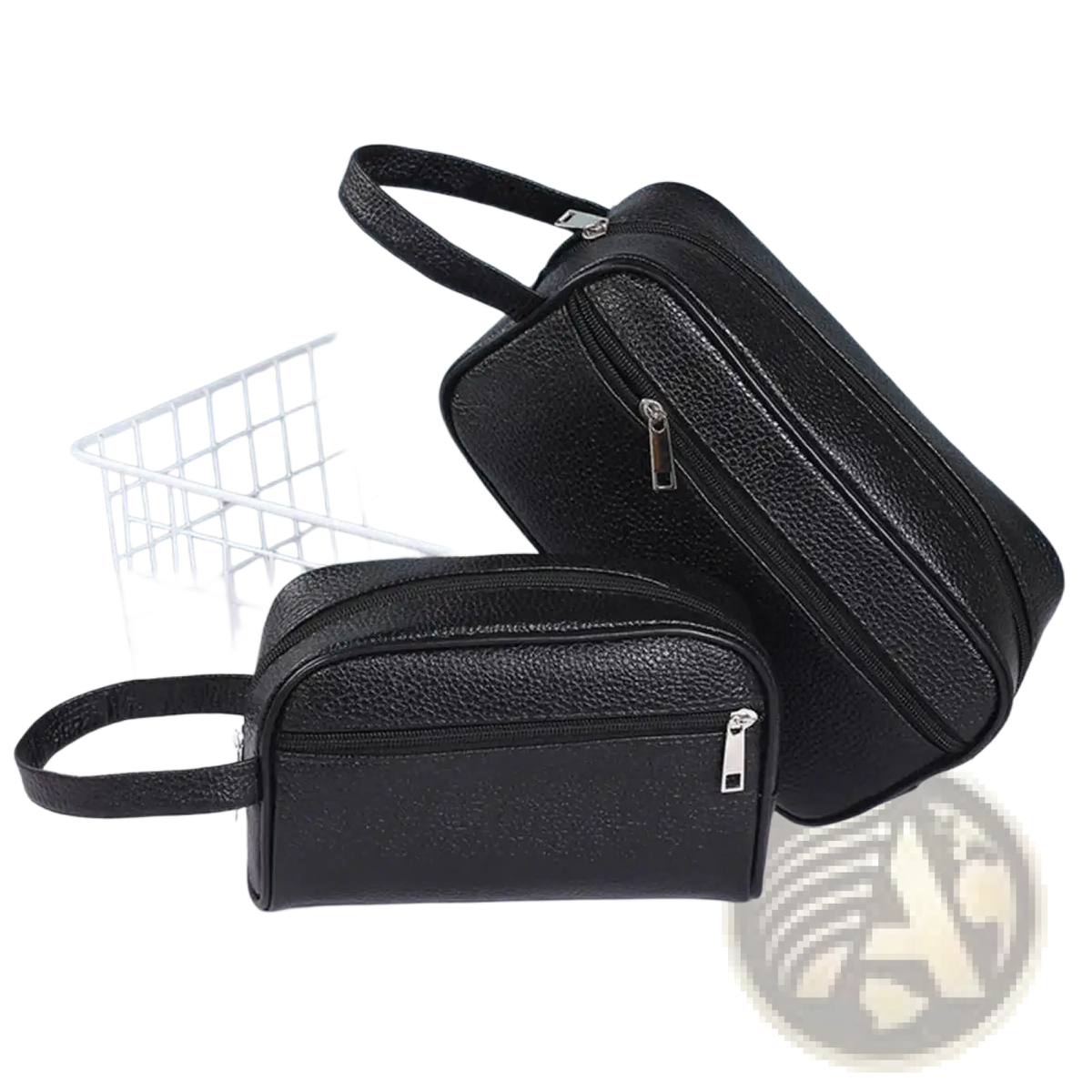 Black pu leather travel toiletry bag with textured surface silver zippers and top handle for convenient carrying