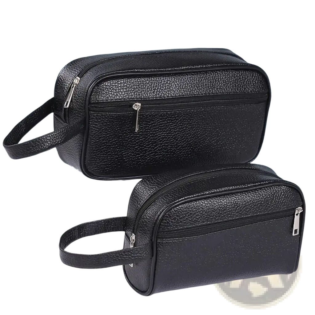 Black pu leather travel toiletry bag with textured finish silver zippers and short handle for easy carrying