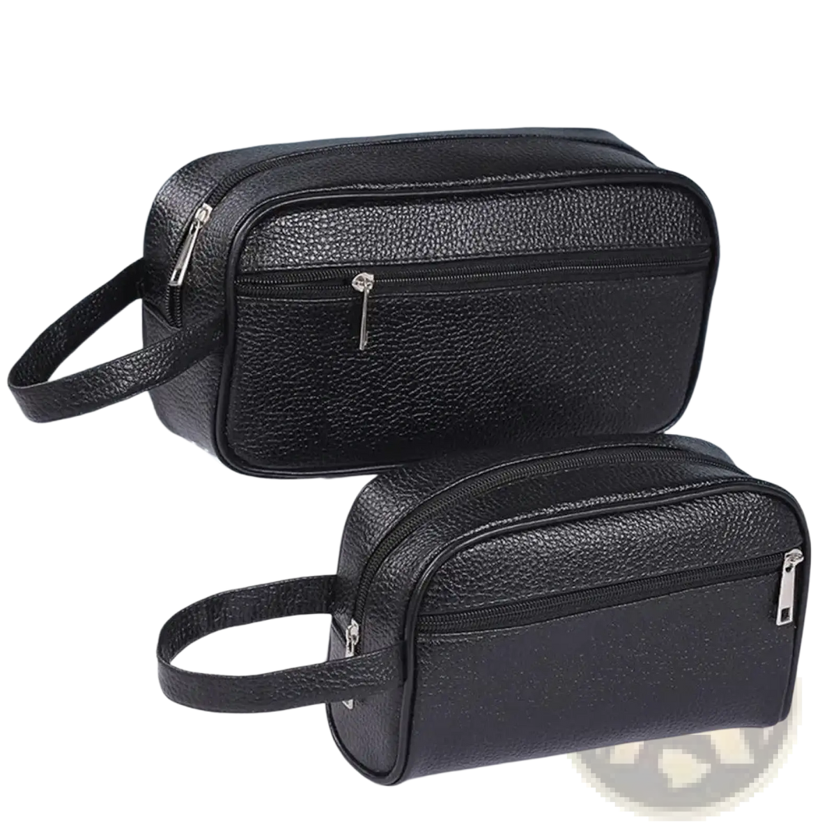 Black pu leather travel toiletry bag with textured finish silver zippers and short handle for easy carrying