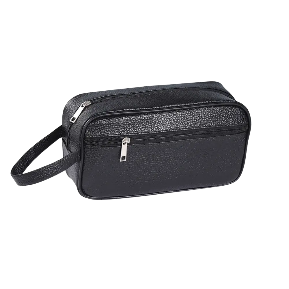 Black pu leather travel toiletry bag with textured finish silver zippers and short handle for easy carrying
