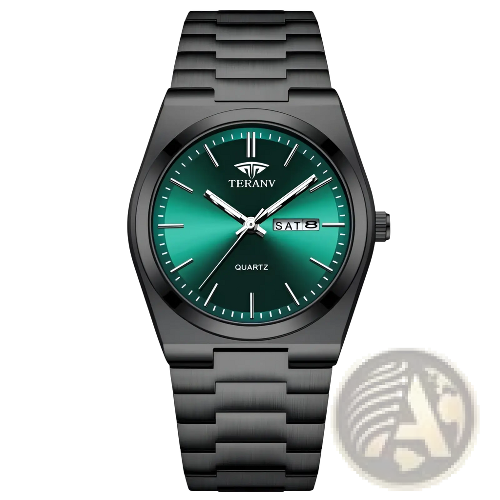 Black quartz watch men ultra thin with black metal case, gradient green dial, and silver-toned hands
