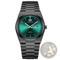 Black quartz watch men ultra thin with black metal case, gradient green dial, and silver-toned hands