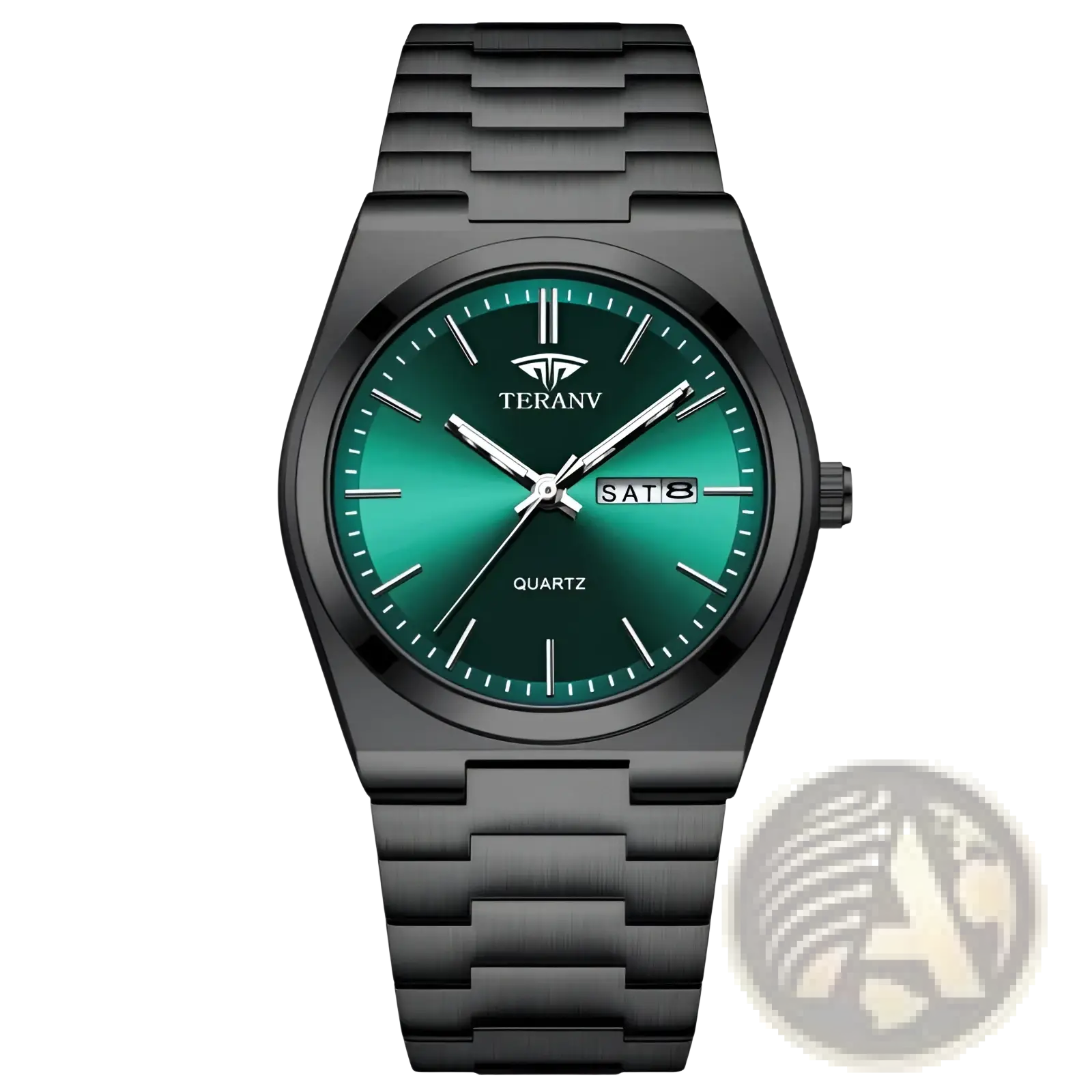 Black quartz watch men ultra thin with black metal case, gradient green dial, and silver-toned hands