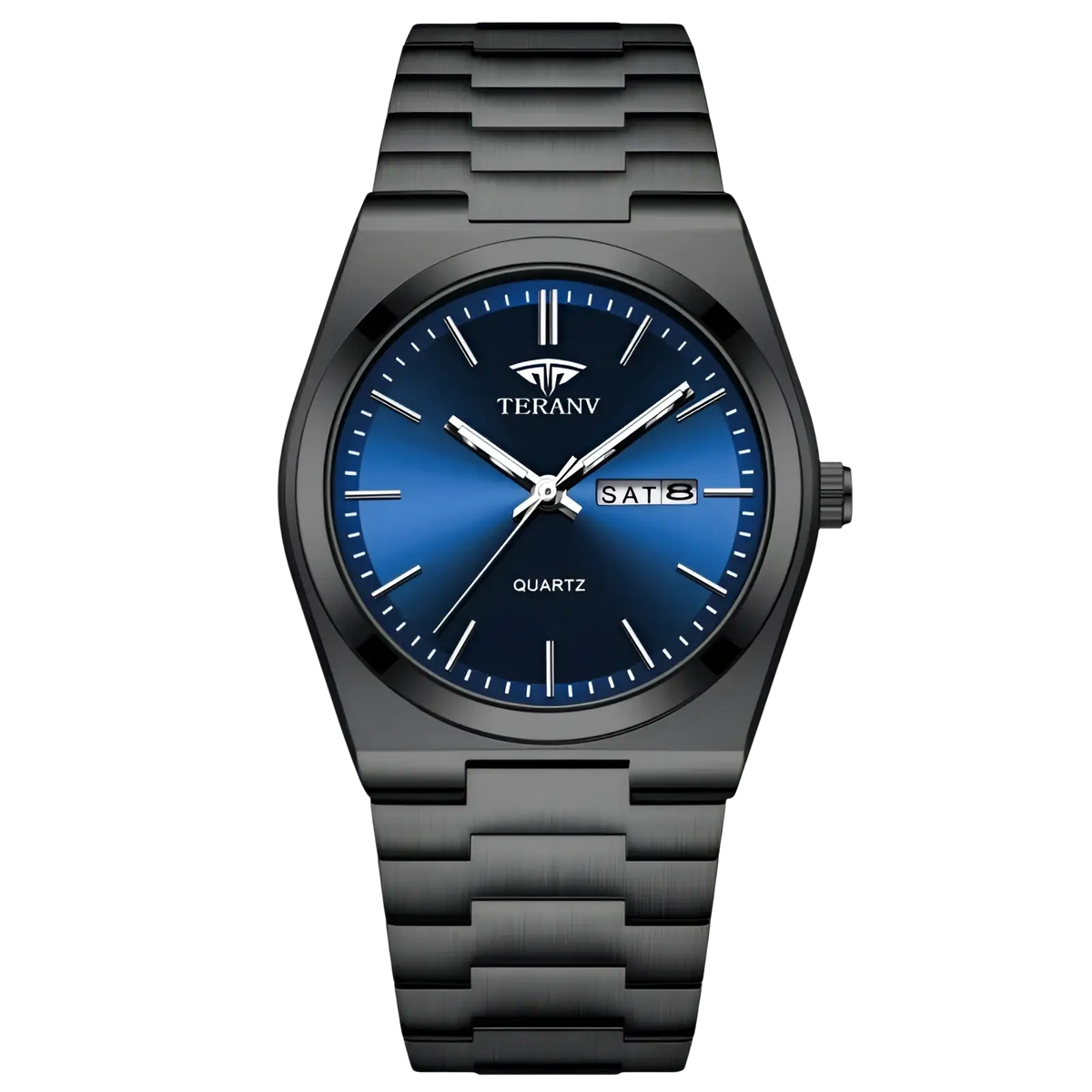 Black quartz watch men ultra thin with a black metal band, gradient blue dial, silver hands, and date display at 3 o’clock