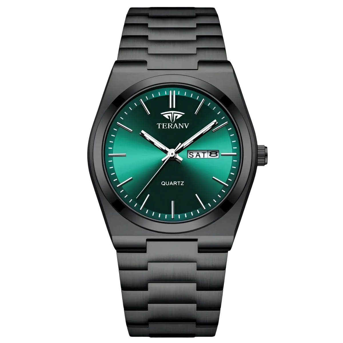 Black quartz watch men ultra thin with black metal case, gradient green dial, and silver-toned hands