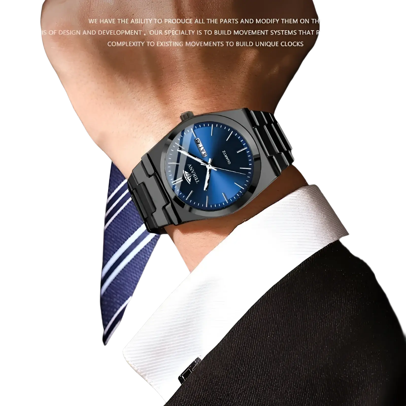 Black quartz watch men ultra thin with a black metal linked bracelet, blue dial, silver hands, and rectangular case