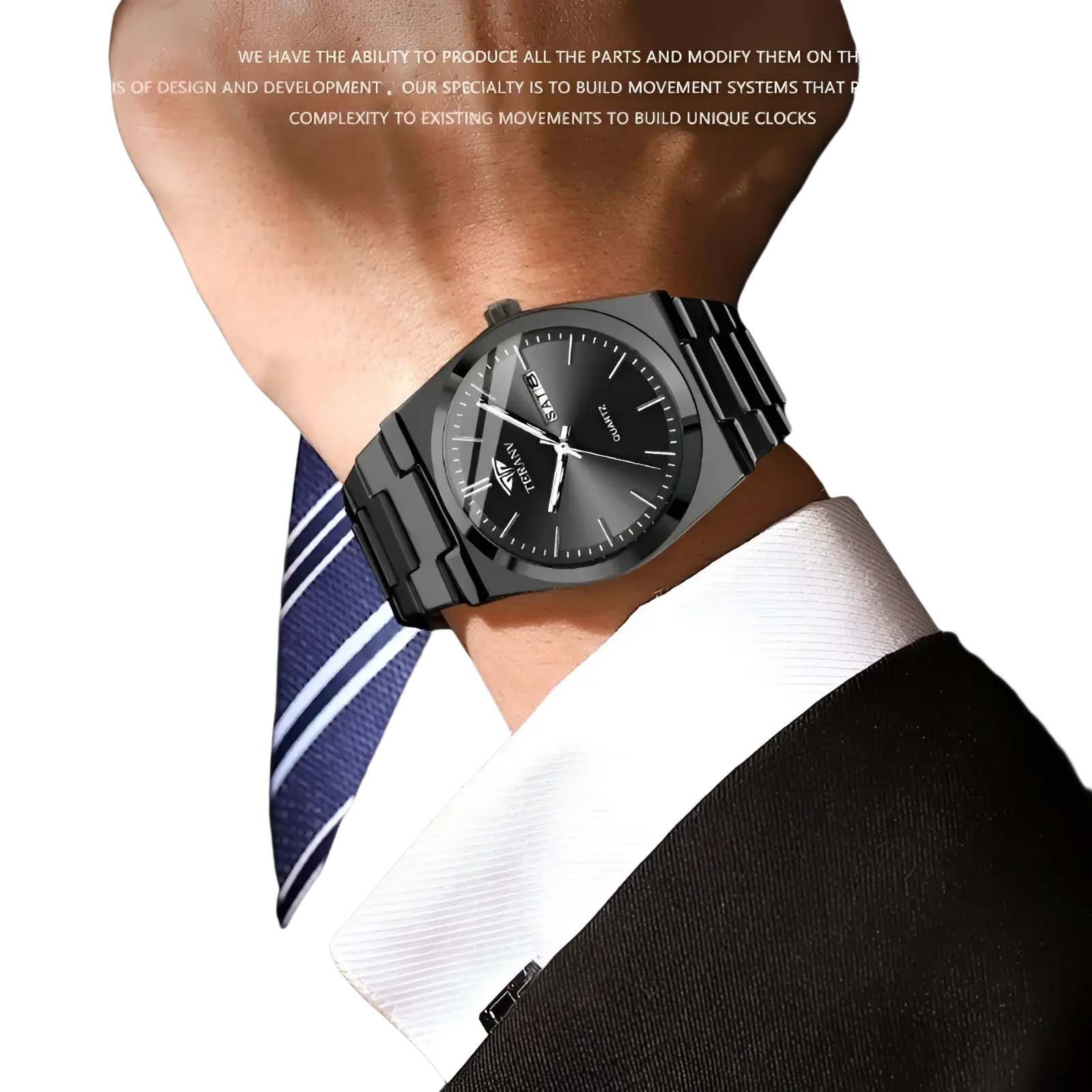 Black quartz men’s watch with ultra thin blue dial, black stainless steel case, sleek angular design, and silver-toned markers