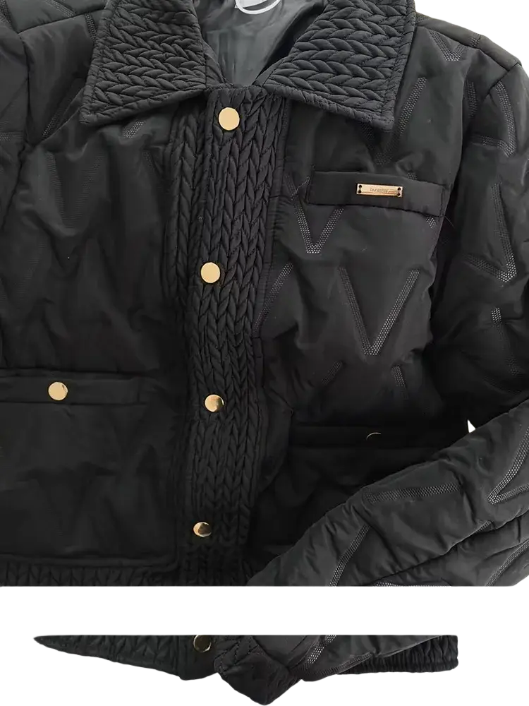 Black quilted cotton padded winter jacket with textured braided front panel and gold tone buttons