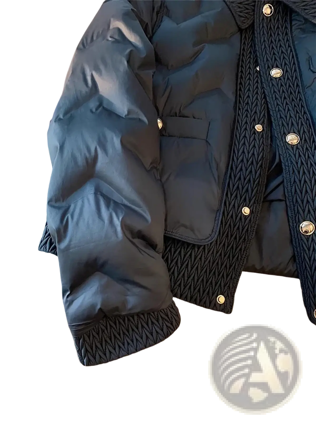 Black quilted cotton padded winter jacket with dark navy puffer texture, ribbed black cuffs, collar trim, and metallic buttons