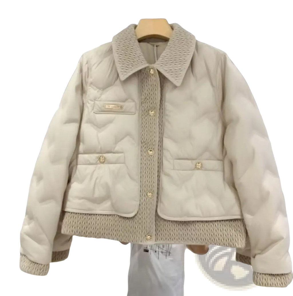 Black quilted cotton padded winter jacket with cream-colored quilted fabric and textured knit collar cuffs and front placket