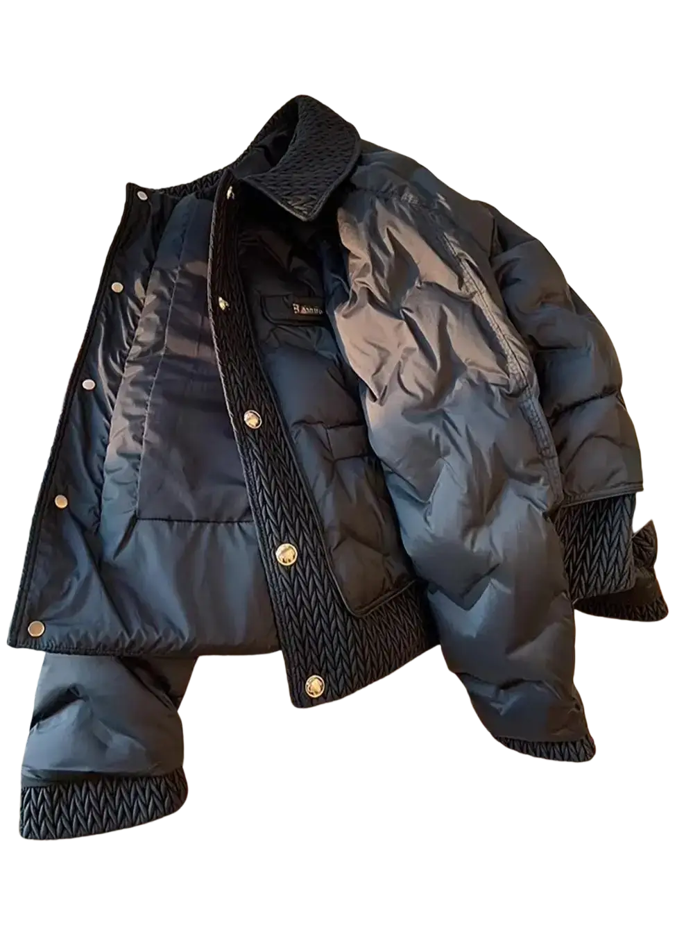 Black quilted cotton padded winter jacket with textured collar and cuffs and gold tone buttons