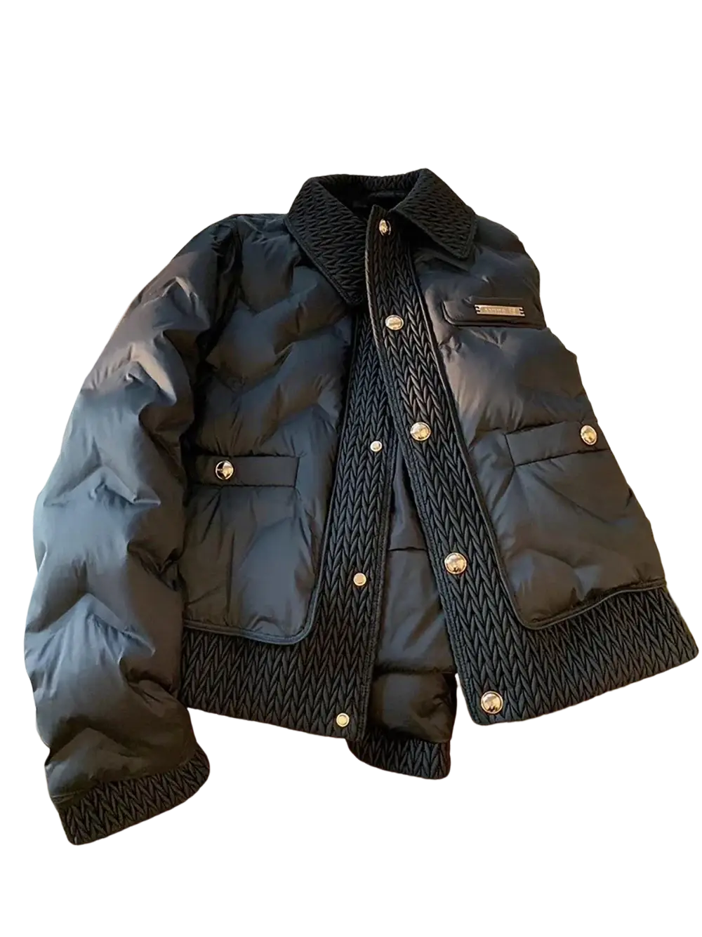 Black quilted cotton padded winter jacket with textured knit collar and cuffs and silver-toned buttons