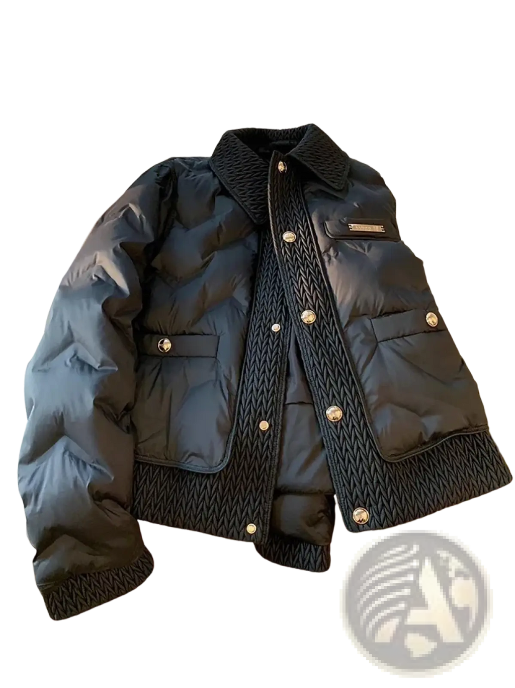 Black quilted cotton padded winter jacket with textured knit collar and cuffs and silver-toned buttons