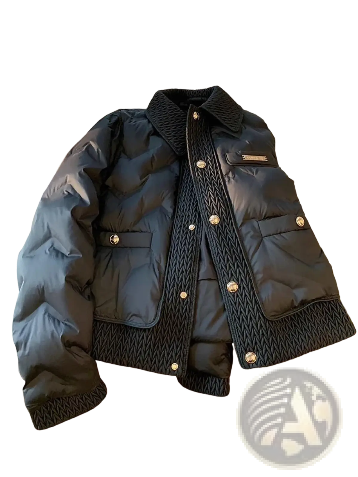 Black quilted cotton padded winter jacket with textured knit collar and cuffs and silver-toned buttons