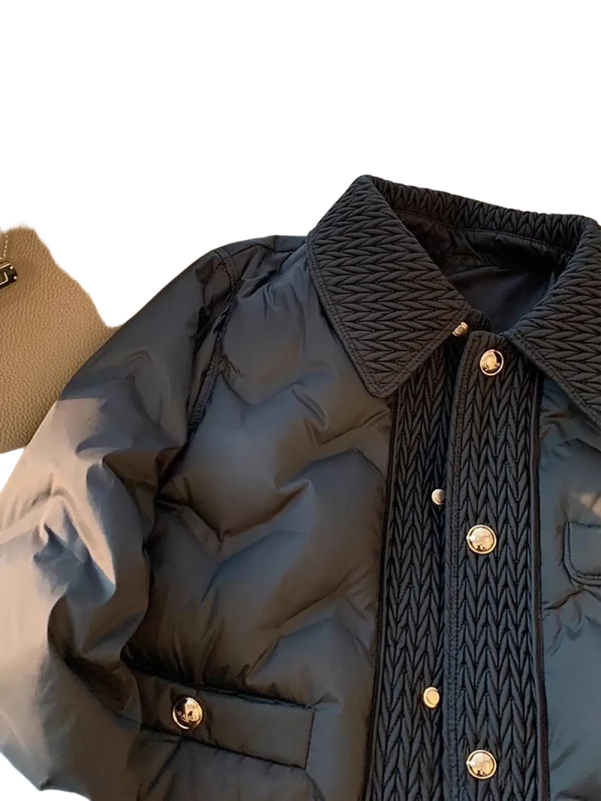 Black quilted cotton padded winter jacket with textured woven collar and gold-tone buttons for cold weather