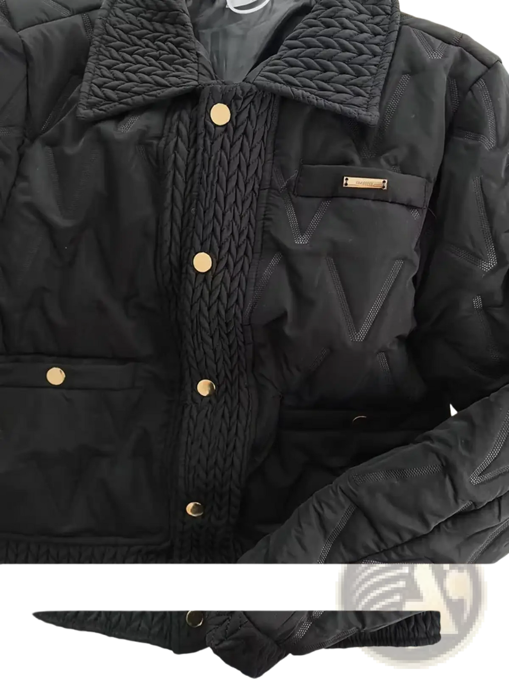 Black quilted cotton padded winter jacket with textured braided front panel and gold tone buttons