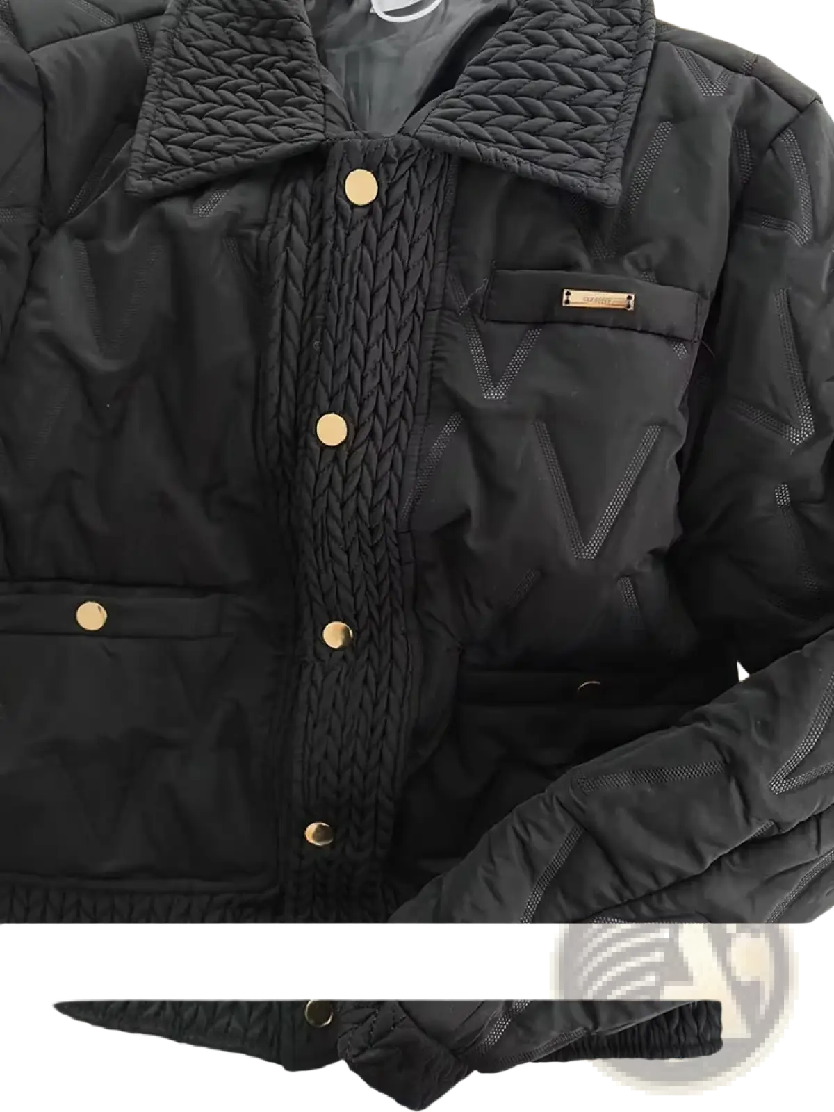 Black quilted cotton padded winter jacket with textured braided front panel and gold tone buttons