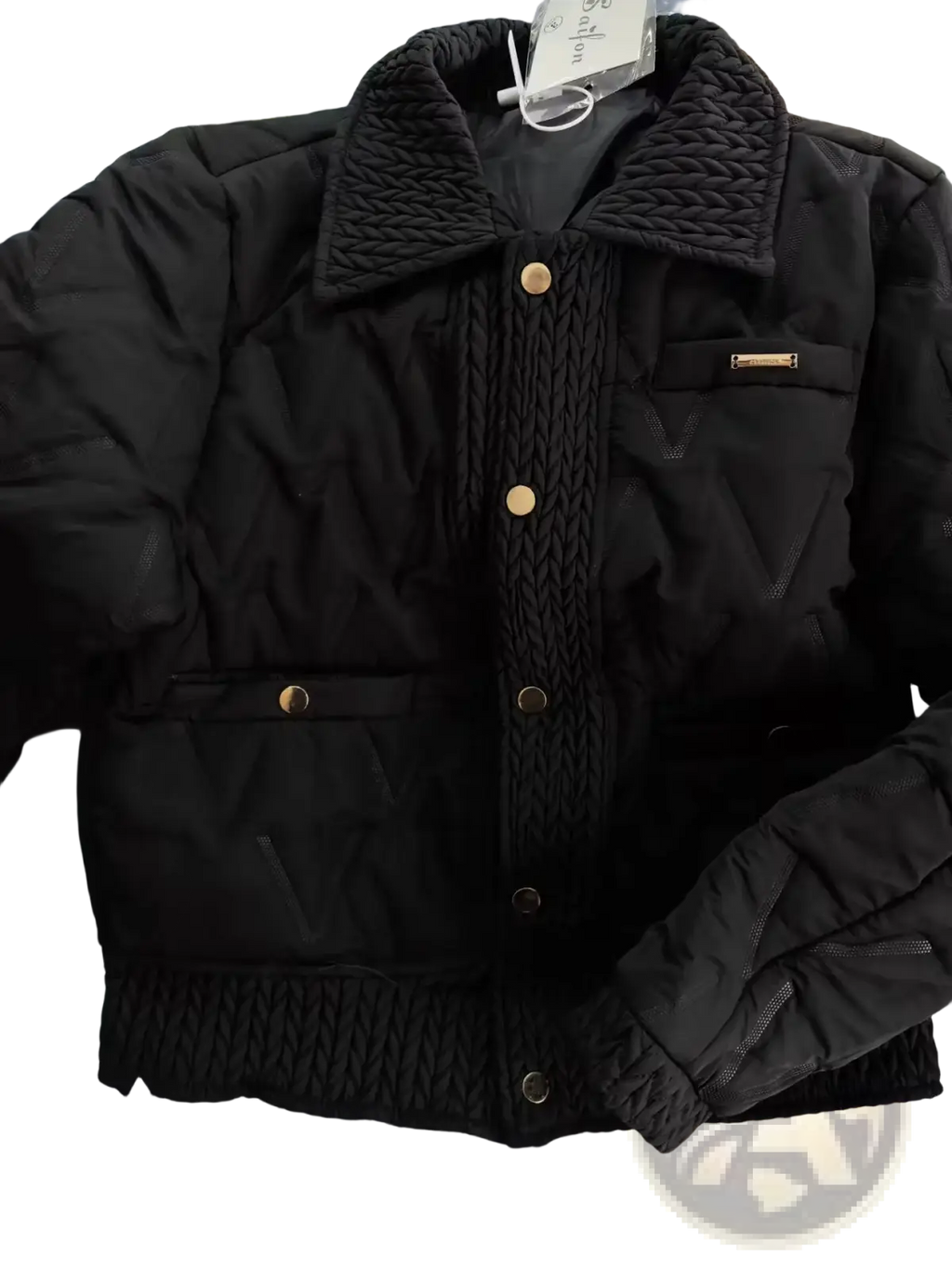 Black quilted cotton padded winter jacket with textured knit collar and cuffs featuring gold-tone buttons